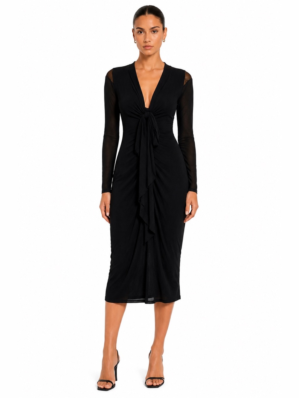 FUZZI Italian Mesh Ruched Tie Front Midi Dress